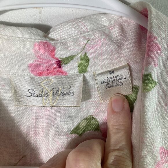 Womens Studio Works‎ Linen Floral Shirt Long Sleeve M White Pink Linen - Picture 7 of 8